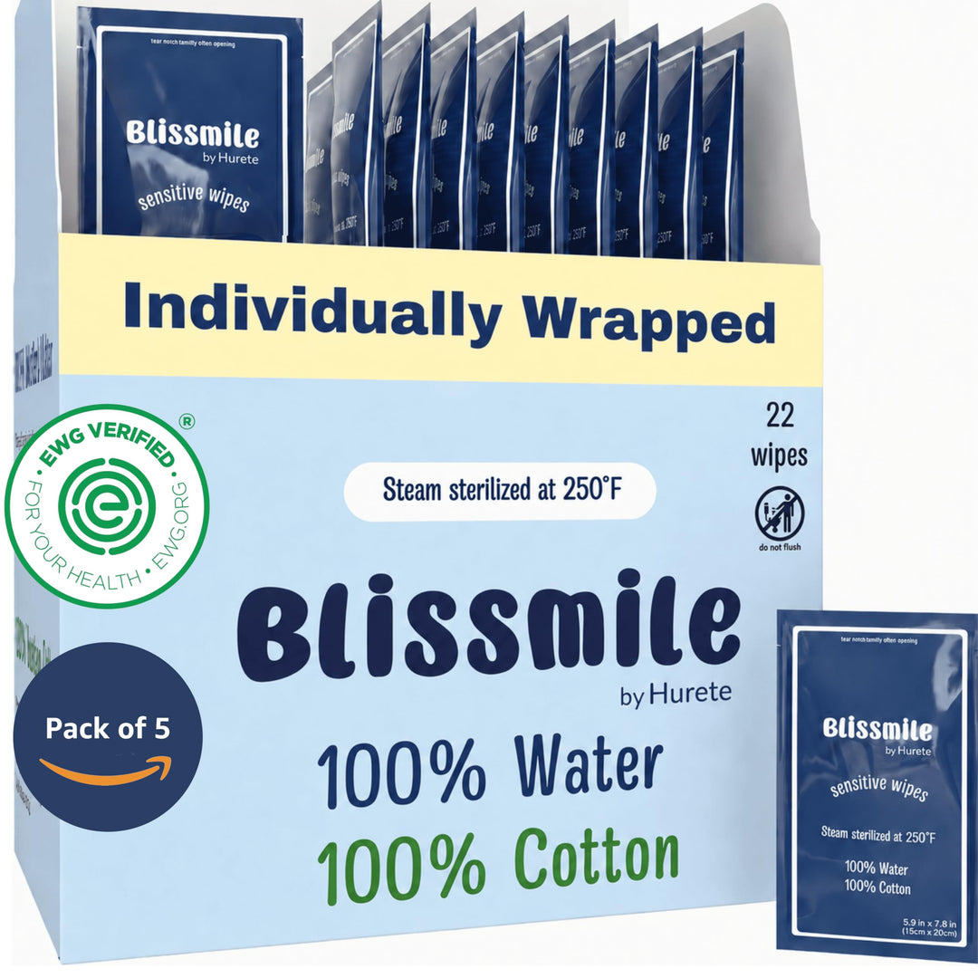 blissmile Feuchttücher aus 100 % Wasser und Baumwolle, Reisegrösse, einzeln verpackt, parfüm- und ko