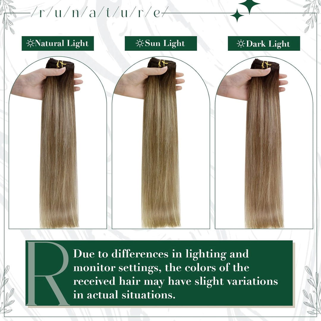 RUNATURE Balayage Braun Echthaar Extensions Clip Ombre Blond 40cm Invisible Clip in Hair Extensions