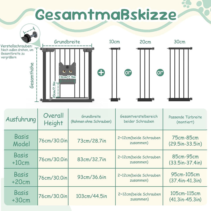 Türschutzgitter mit Katzenklappe ohne Bohre Absperrgitter Treppengitter Klemmgitter Schwarz 75–85cm