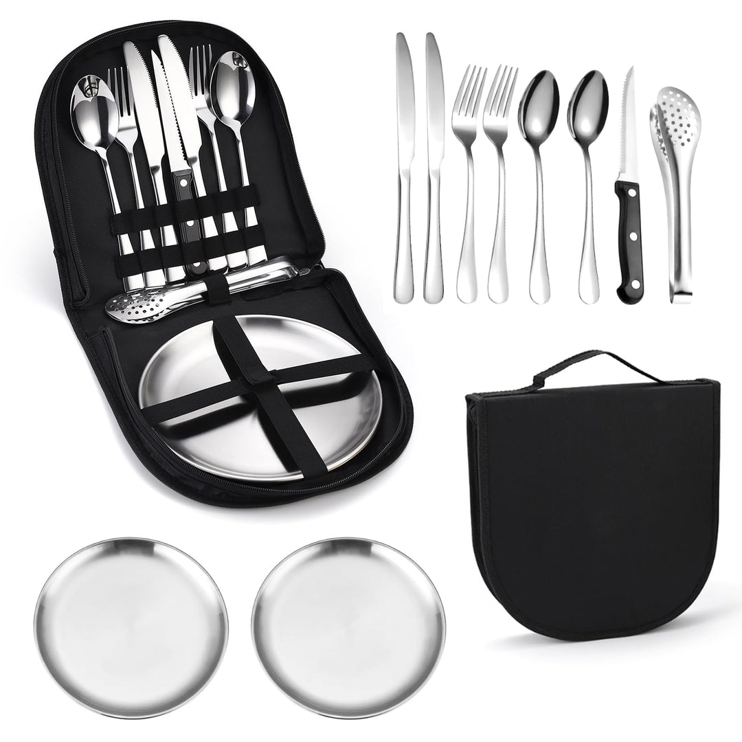 Tragbares Camping-Geschirr-Set, 13-teilig, 2 Personen, Edelstahl, für Outdoor, Camping, Picknick Sil