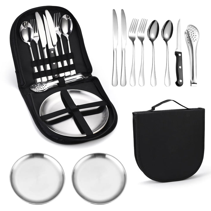 Tragbares Camping-Geschirr-Set, 13-teilig, 2 Personen, Edelstahl, für Outdoor, Camping, Picknick Sil