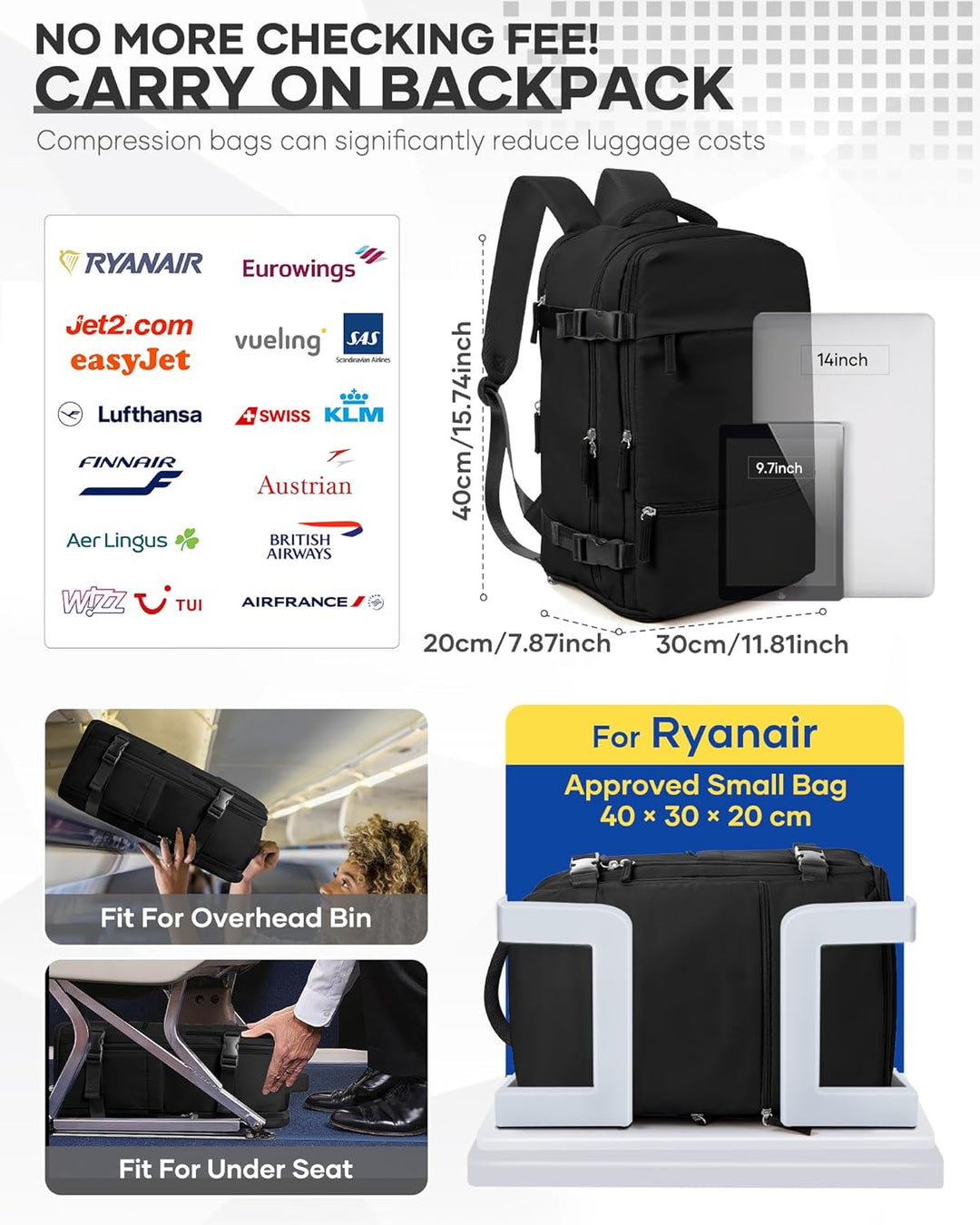 SZSYCN Ryanair Handgepäck 40x30x20 Mit Vakuum Pumpe Rucksack Vakuum Handgepäck Flugzeug 40x30x20 Mit
