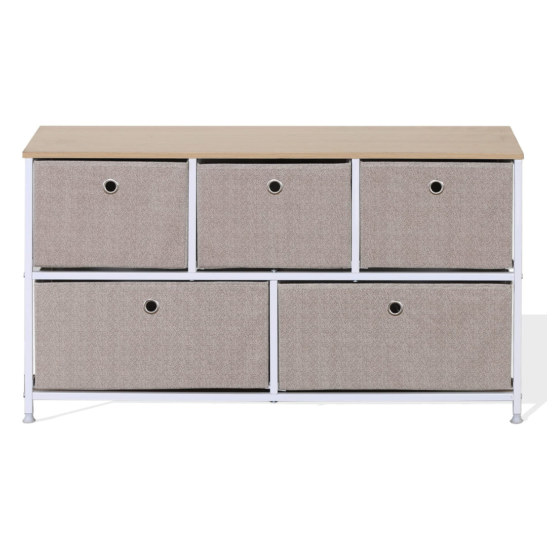 Rebecca Mobili Stoffkommode mit 5 Schubladen, niedrige Schubladen, weiss-beige, Metallrahmen, für Ba