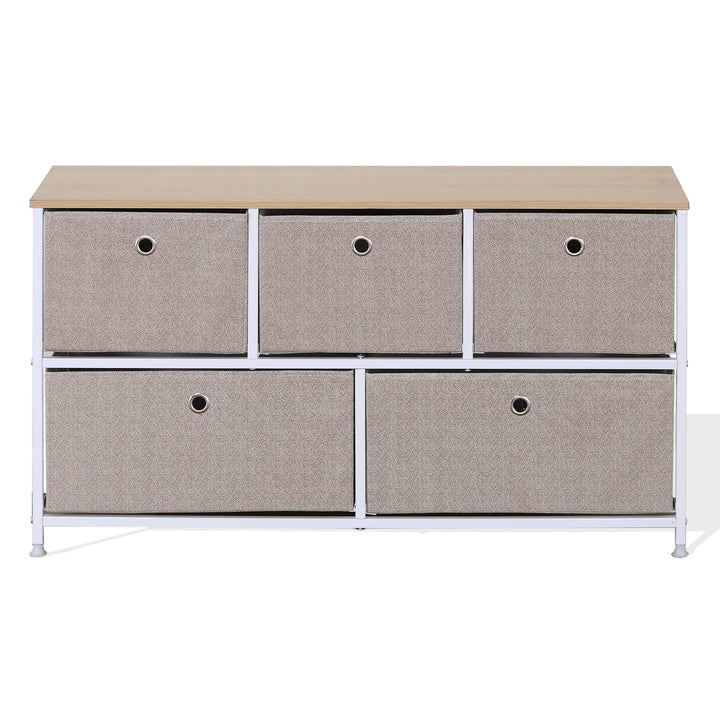 Rebecca Mobili Stoffkommode mit 5 Schubladen, niedrige Schubladen, weiss-beige, Metallrahmen, für Ba