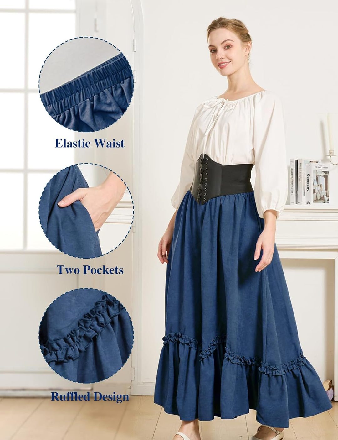 BEAUTELICATE Mittelalter Rock Damen Lang Vintage Maxirock A-Linie mit Taschen Viktorianische Rüsche