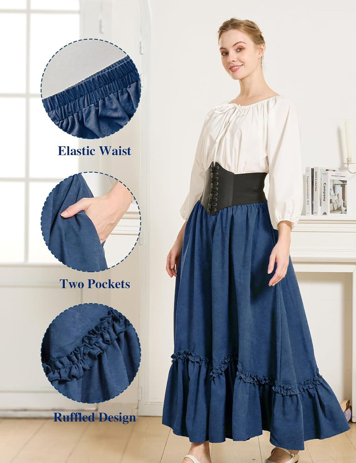BEAUTELICATE Mittelalter Rock Damen Lang Vintage Maxirock A-Linie mit Taschen Viktorianische Rüsche