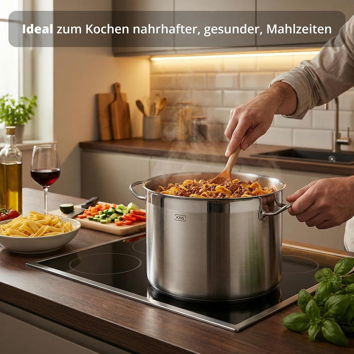 KHG Topf Kochtopf 26 cm, 9 Liter Induktion, Edelstahl unbeschichtet inkl. Glasdeckel - XXL Suppentop
