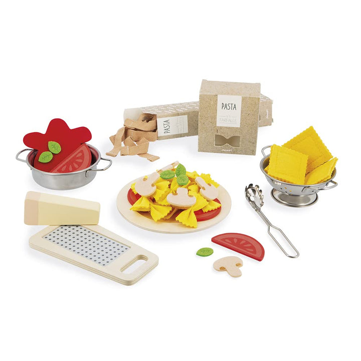 Janod - Pasta-Mix - Nudel-Set- Rollenspielzeug Küche und Essgeschirr - 58 Elemente aus Holz, Pappe u