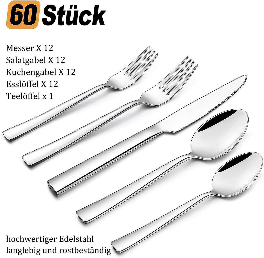 Terlulu Besteck Set 12 Personen, 60 teilig Edelstahl Besteckset, Essbesteck Set mit Messer Gabel Löf