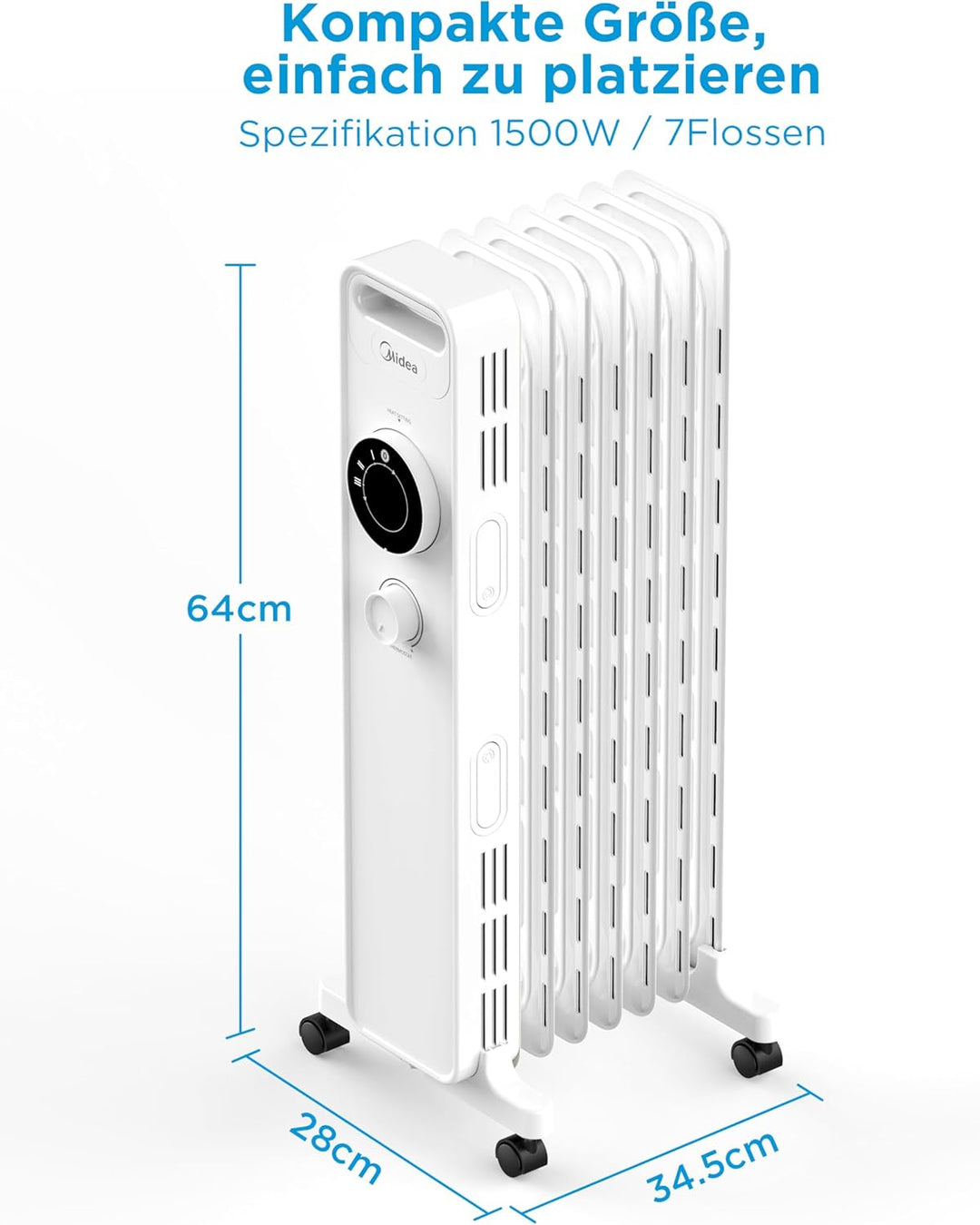 Midea NY1507-22M Ölradiator 1500W Energiesparend Leise, Elektroheizung mit 7 Rippen, Thermostat,3 He