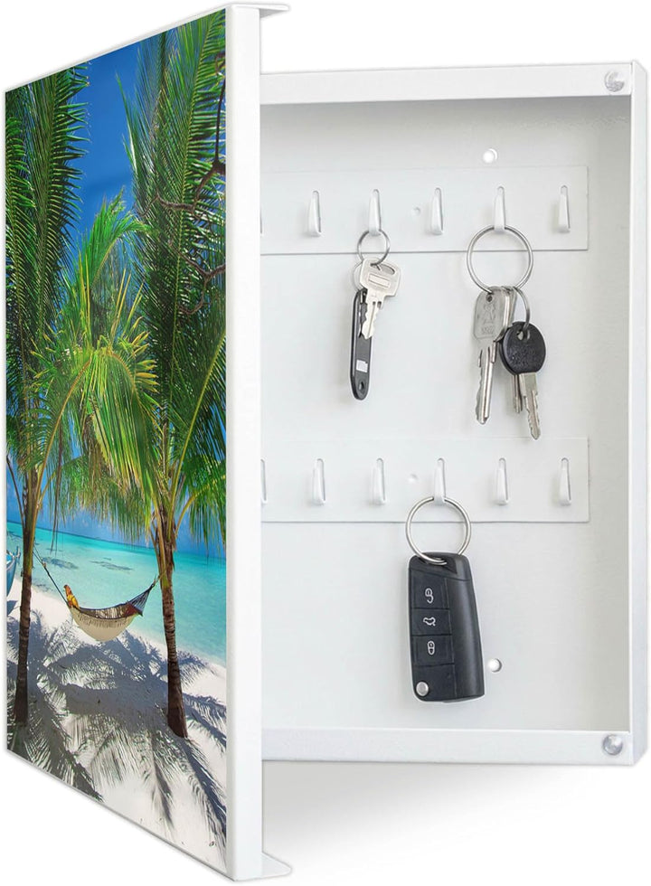 banjado® Grosser Schlüsselkasten Glas/Schlüsselbox 30cm x 30cm mit 50 Haken - Motiv Strand/Schlüssel