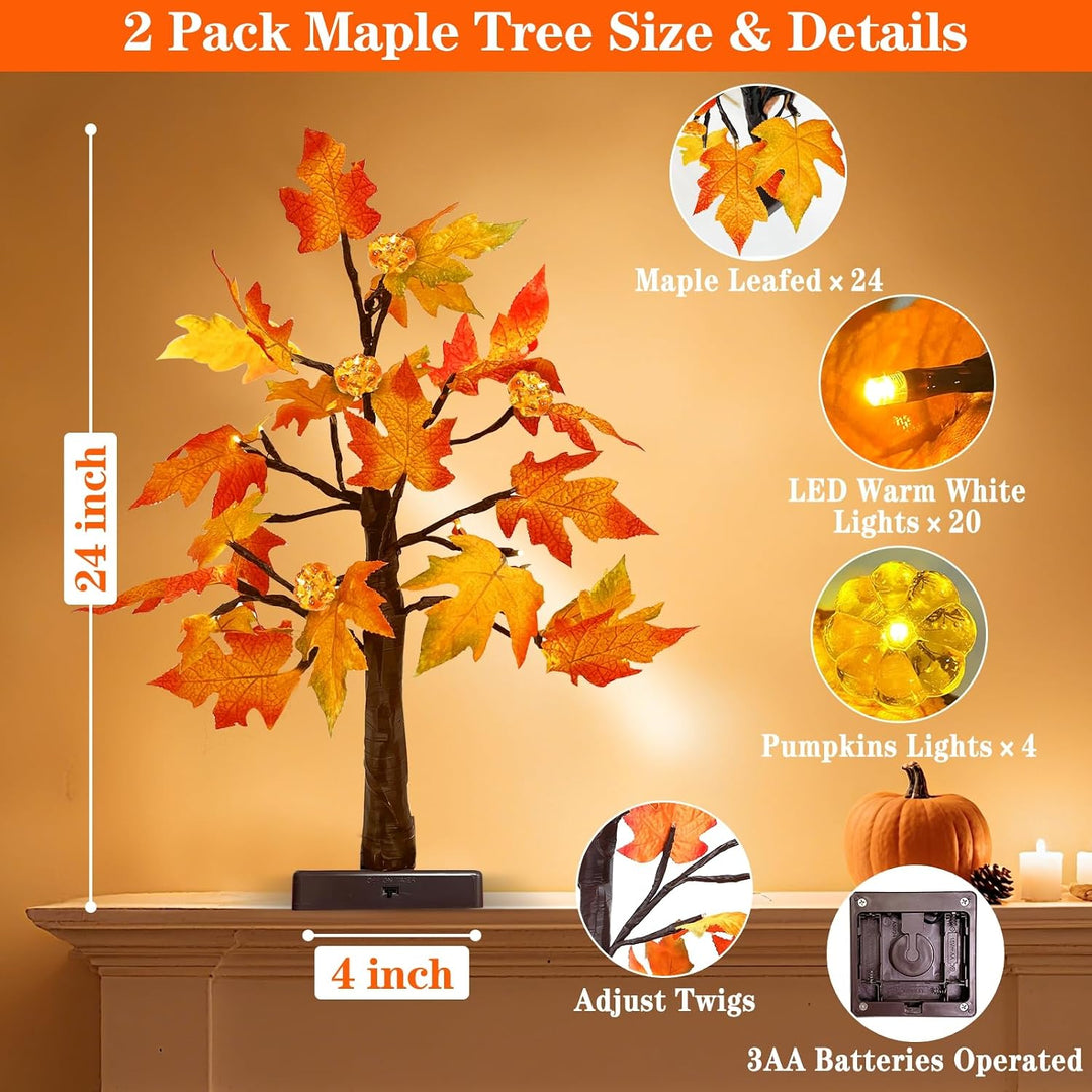 TURNMEON [ 2 Pack &amp; Timer 24 Inch Lighted Maple Tree Fall Decor, Total 48 LED Battery Operated Table