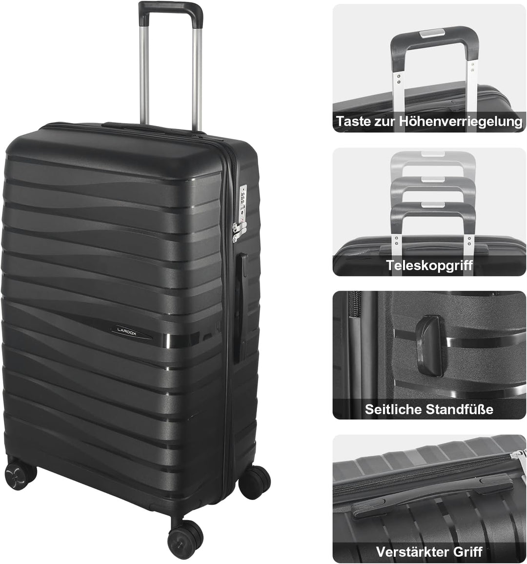 Hartschalen Kofferset 3-teilig, Schwarz | Polypropylen, 55/66/74 CM (43L/65L/110L), TSA Zahlenschlos