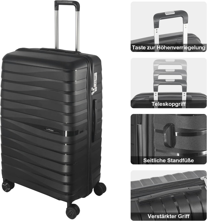 Hartschalen Kofferset 3-teilig, Schwarz | Polypropylen, 55/66/74 CM (43L/65L/110L), TSA Zahlenschlos