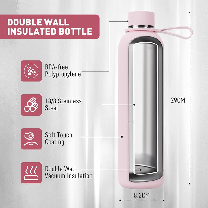 Exllena Trinkflasche Edelstahl 1L - Hochwertige Thermosflasche Mit Silikongriff für Sport, Büro und