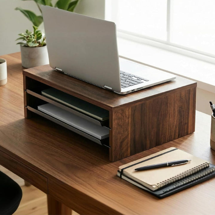 Fenge Monitorständer, Monitorerhöhung mit Ablage, Holz und Metall, Schreibtisch-Organizer für Zuhaus