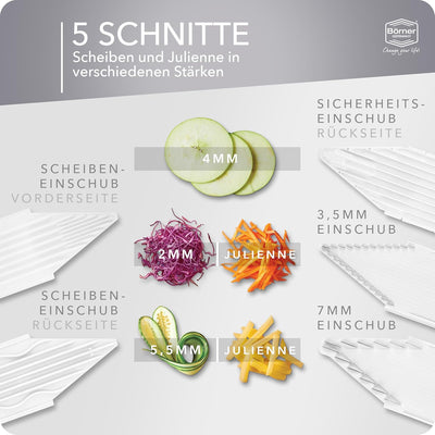 Börner Gemüsehobel V3 TrendLine Profi-Set (8-tlg.) • Gemüsereibe (V-Hobel) + Fruchthalter + Einschüb