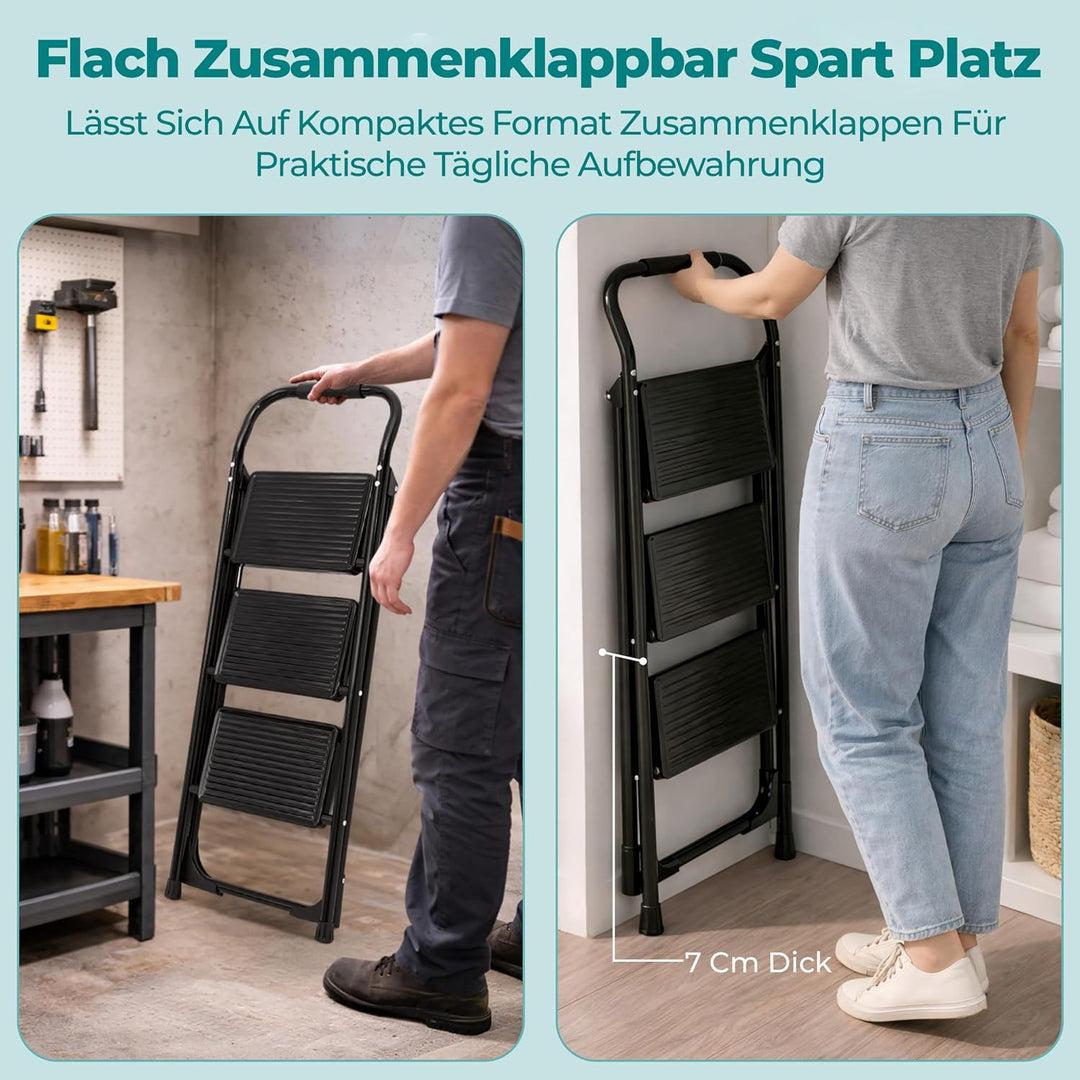 SereneLife Trittleiter 3 Stufen klappbar – Stabiler Tritthocker mit Handlauf, rutschfest, bis 259 kg