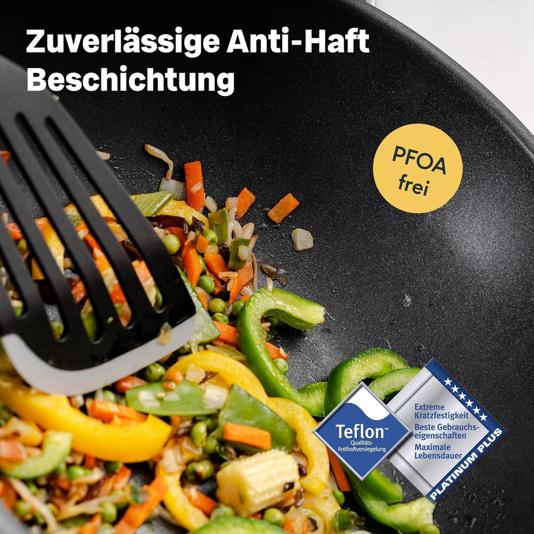 SILBERTHAL Wokpfanne mit Deckel beschichtet Induktion 28 cm - Edelstahl Wok zum Frittieren und Brate