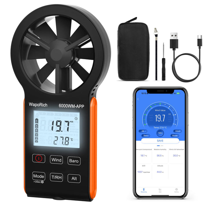 Bluetooth Anemometer, WapoRich 7-in-1 Windmesser Windmessgerät mit Luftdruck/Temperatur/Luftfeuchtig