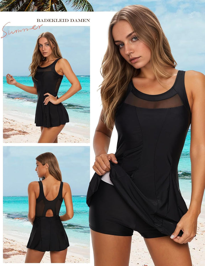 Durio Badekleid Damen Badeanzug Bauchweg Push Up Einteilig Netzstoff Rückenfrei Elegant Bademode mit
