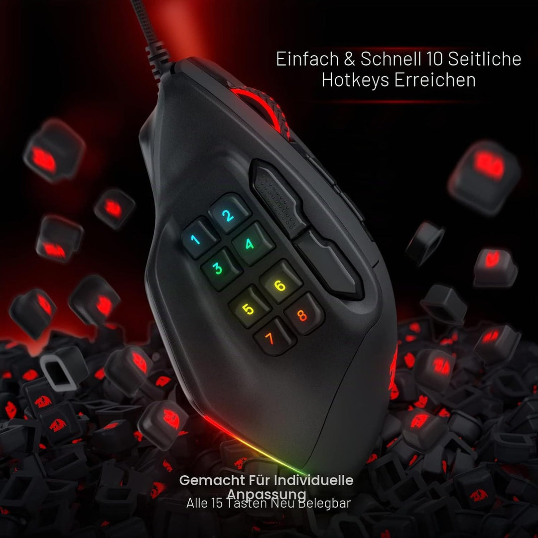 Redragon M811 Aatrox MMO Gaming Maus, 15 programmierbare Tasten kabelgebundene RGB Gamer Maus mit er