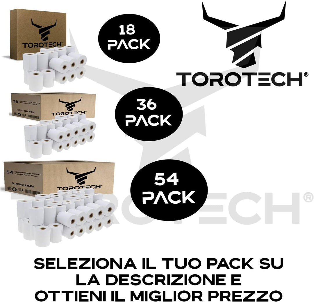 TOROTECH Bonrollen 57x35x12 mm - 36 Rollen - Thermopapier Thermorrollen weiss, ohne Rückseitendruck