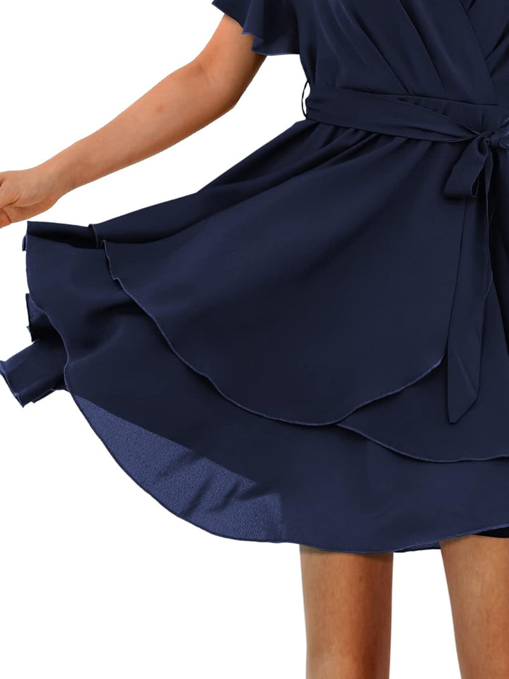Beluring Damen Kleid Kurzarm Casual V-Ausschnitt Tunika Kleider Minikleid Wickelkleid XL Dunkelblau,