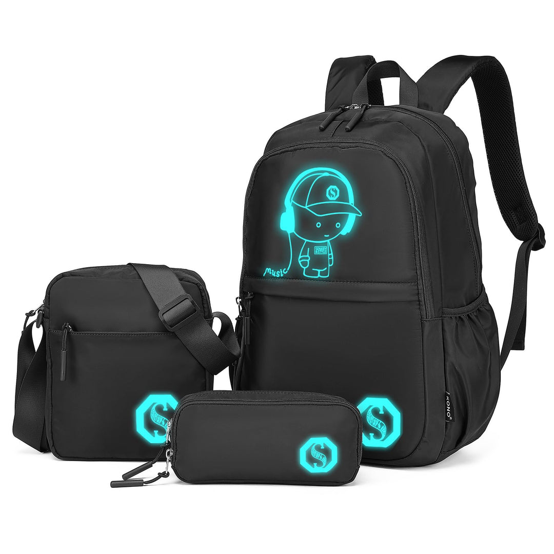 KONO Leuchtender Schulrucksack 3-in-1 Set, Anime Jungen Schulranzen Umhängetasche Federmäppchen, 15.