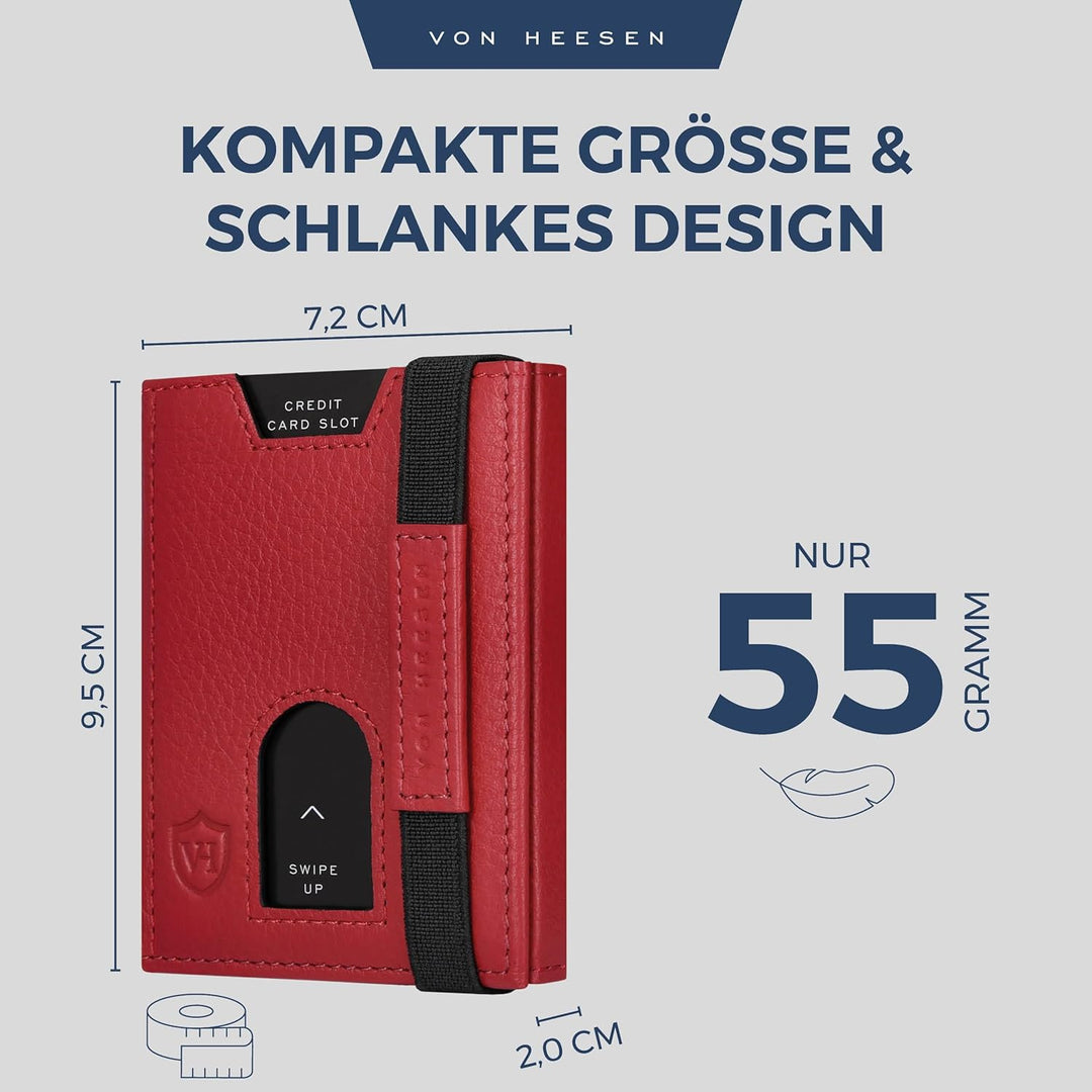 VON HEESEN Leder Slim Wallet - Geldbeutel mit RFID Schutz - Mini Geldbörse für Herren und Damen - Ka