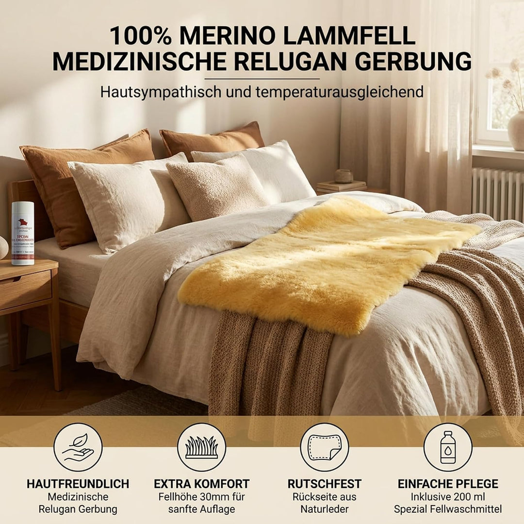 Bettauflage aus hochwertigem Merinolammfell – Besonders atmungsaktiv – Geeignet für Sommer und Winte