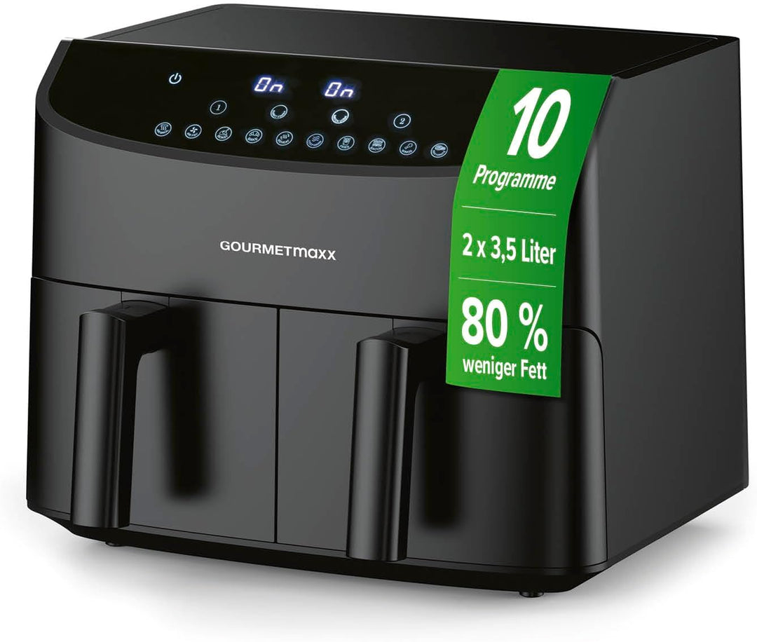 GOURMETmaxx Doppelkammer-Heissluftfritteuse 2x 3,5L - Schwarz | Airfryer + synchronisierte Garzonen,