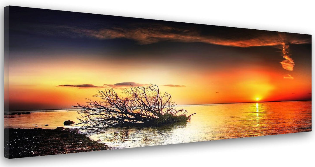 Feeby. Leinwandbild, Bilder, Wand Bild, Wandbilder, Kunstdruck 100x40 cm, SONNENUNTERGANG, MEER, NAT