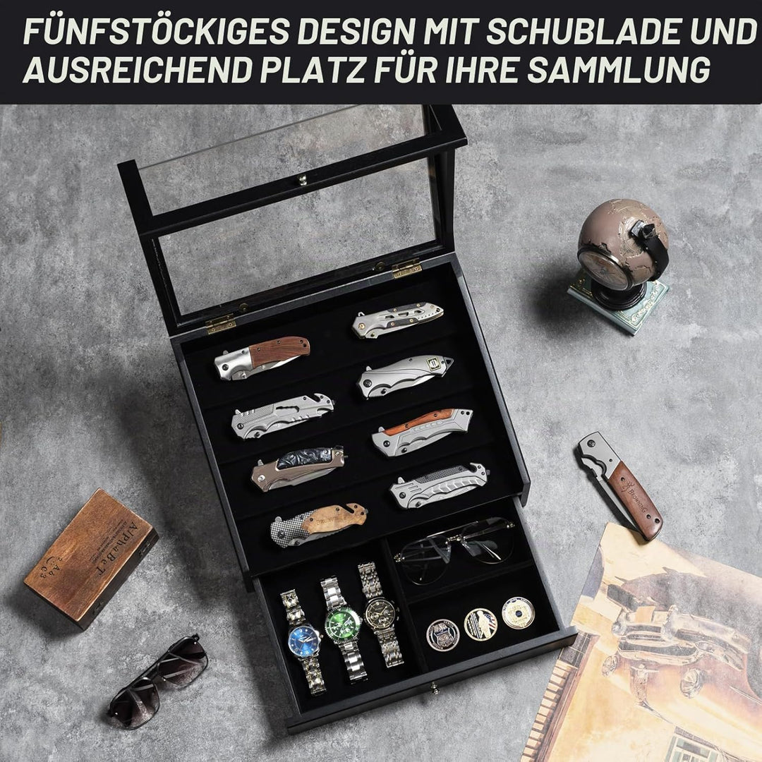 2 Etagen Messerhalter, Holz Messerständer, Messer Vitrine mit Schublade und Hochauflösendem Glas, Sa