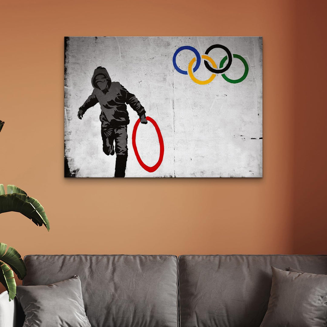 Giallobus - Gemälde - Banksy - - Standardleinwand - 140x100-11 - Olympischer Kreis - Bereit zum Aufh