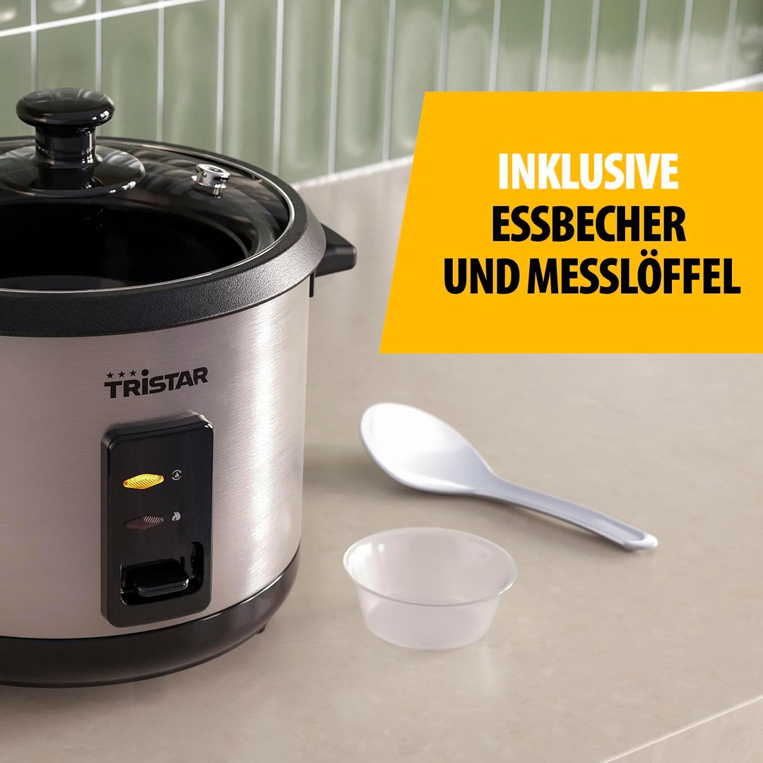 Tristar Reiskocher, 1,5 L Kapazität, Edelstahlgehäuse, Dampfgaraufsatz, Automatische Abschaltung, Wa
