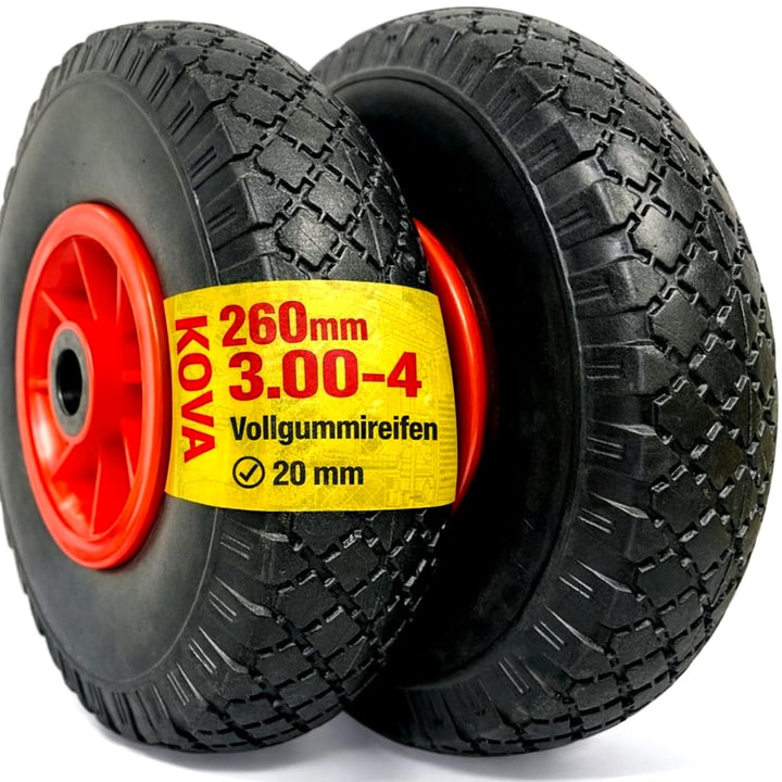 KOVA 2x Sackkarrenrad Pannensicher VOLLGUMMI Ø 260 mm, 3.00-4, Nabe Ø20×75, Sackkarren Bollerwagen R