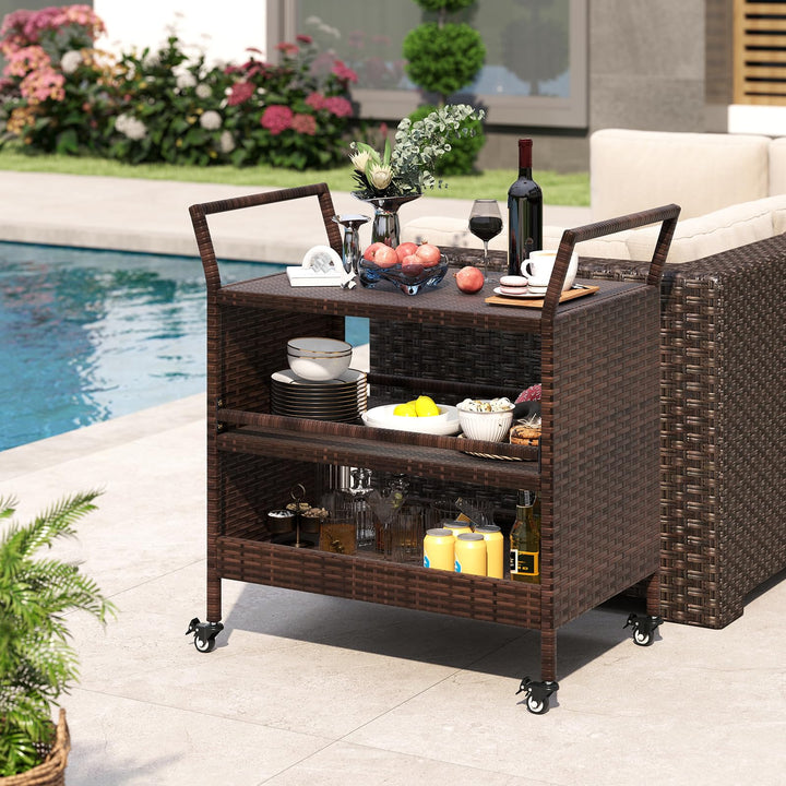 GIANTEX Servierwagen Outdoor Rattan, Küchenwagen auf Rädern, Grillwagen Grilltisch 3 Ebenen mit Seit