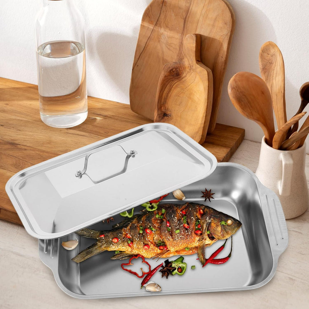 Edelstahl Rechteckiger Bräter mit Deckel Robustes Ofenblech für Fisch und Fleisch Vielseitiges Grill