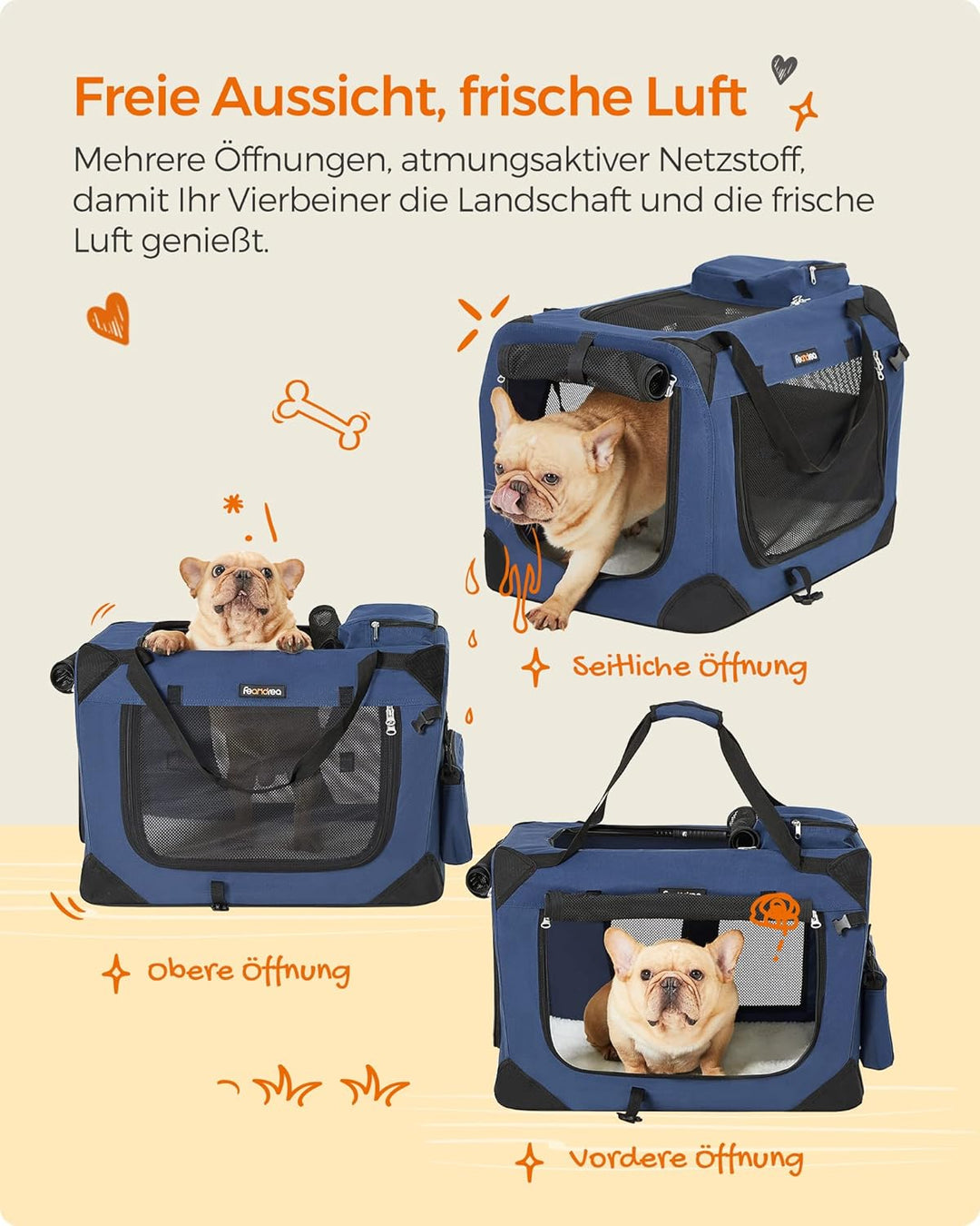 FEANDREA Hundebox, Hundetasche, faltbar, 60 x 42 x 42 cm, dunkelblau PDC60Z 60 x 42 x 42 cm