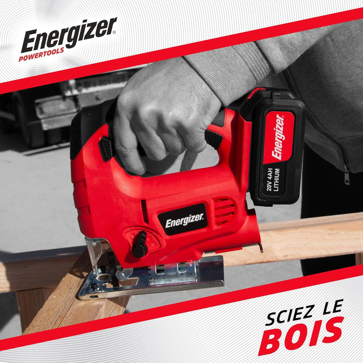 Energizer – Akku-Stichsäge 20 Volt – 2300 OPM, Schnitt in Holz 80 mm/Metall 6 mm – Inklusive 2 Akkus