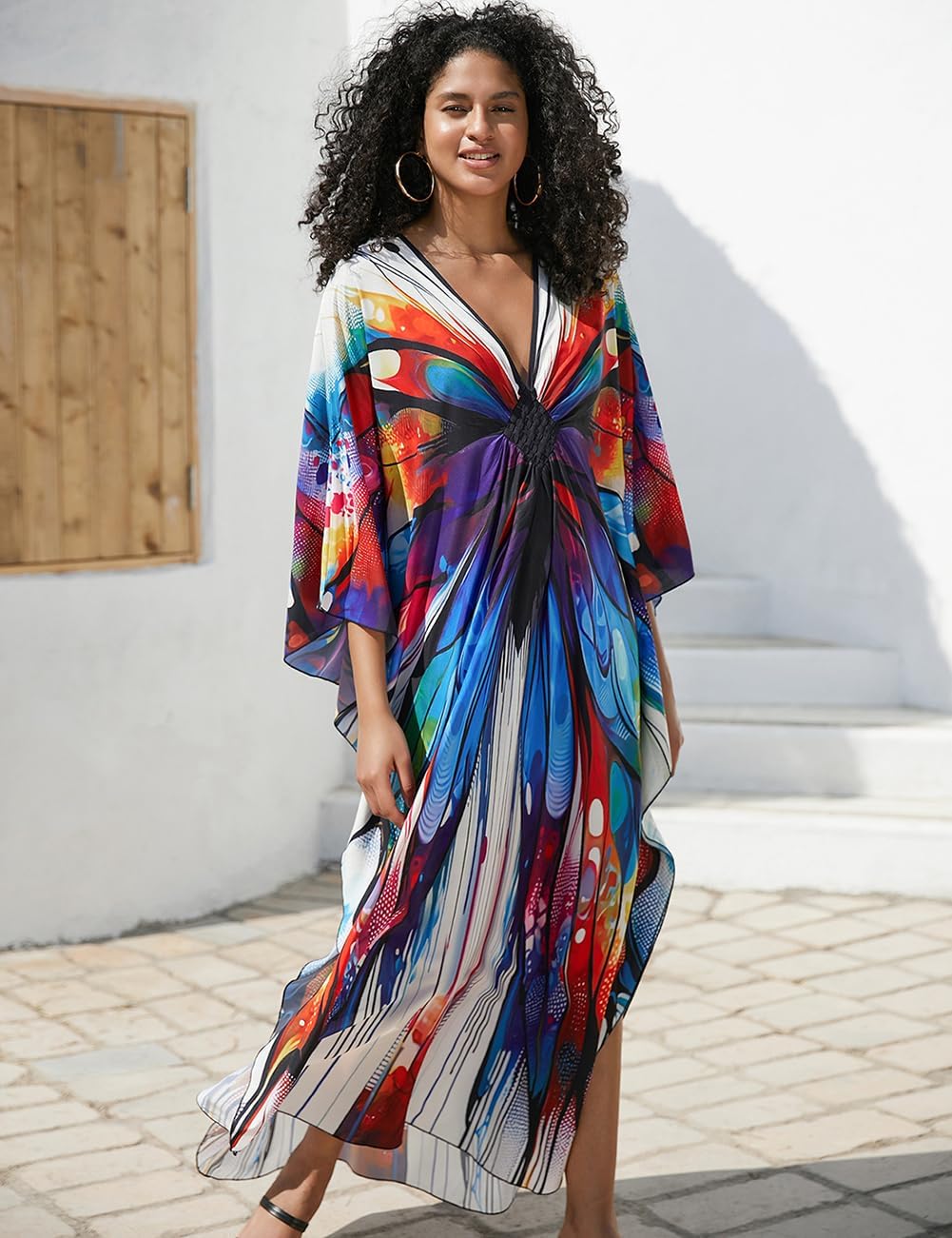 Bsubseach Damen Ethnic Print Kaftan Beach Dress Plus Size Strandkleid Bunter Schmetterling, Bunter S