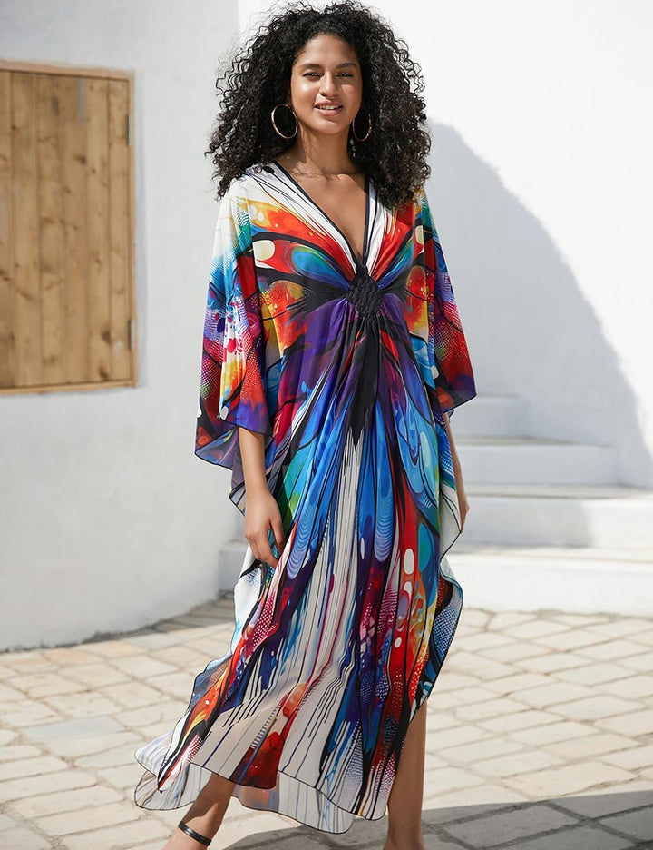 Bsubseach Damen Ethnic Print Kaftan Beach Dress Plus Size Strandkleid Bunter Schmetterling, Bunter S