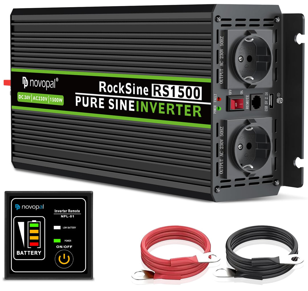 NOVOPAL 1500W Wechselrichter 24v Auf 230v Reiner Sinus Spannungswandler mit 2 EU-Steckdose und Einer