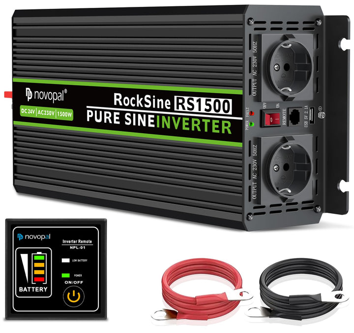 NOVOPAL 1500W Wechselrichter 24v Auf 230v Reiner Sinus Spannungswandler mit 2 EU-Steckdose und Einer