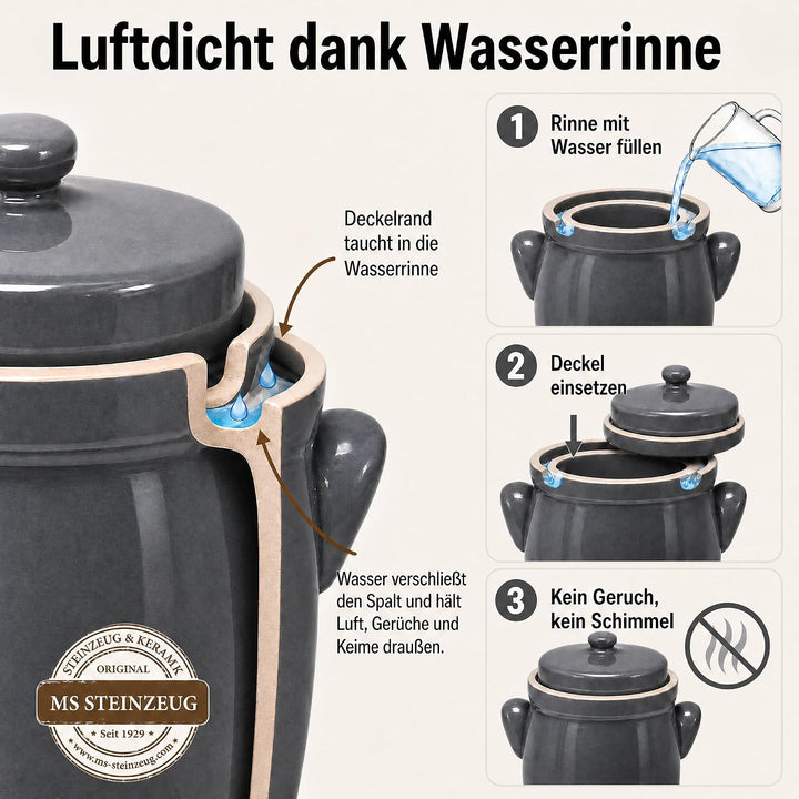 Gärtopf 10 L Steingrau + Beschwerungssteine | Gesund durch Fermentation mit Sauerkrauttopf | Einmach