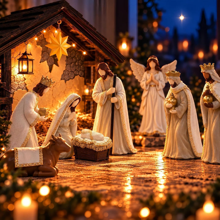Decostatue Weihnachtskrippen-Set mit Stall, 13-teilig, Innenbereich Beige Krippenfiguren Set（13pcs）,
