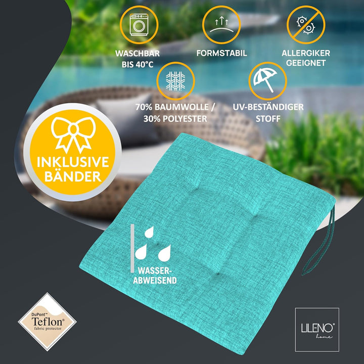 LILENO HOME 2er Set Stuhlkissen Aqua (40x40x4,5 cm) - Sitzkissen für Gartenstuhl, Küche oder Esszimm