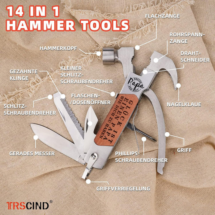 Vatertagsgeschenke für Papa Multitool Werkzeug Hammer, 14 in 1 Multitool Mini Hammer Männertag Gesch