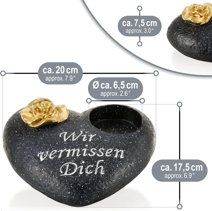 com-four® Grab-Dekoration in Herz-Form mit goldfarbener Rose - Gedenkstein mit Halter für Grabkerze